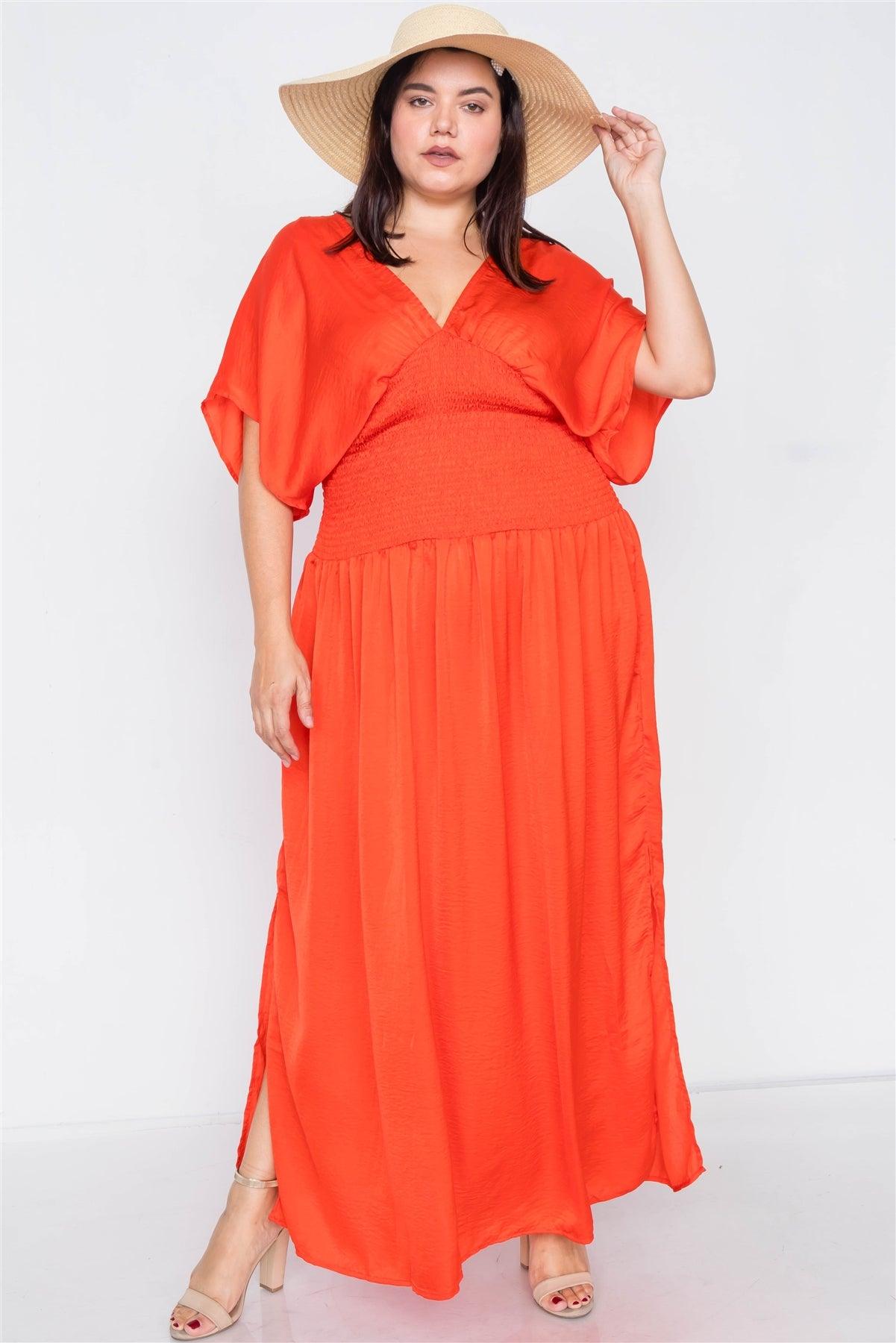 Plus Size Coral V-Neck Satin Kimono Sleeve Maxi Dress /1-1-2