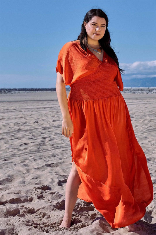 Junior Plus Size Coral V-Neck Satin Kimono Sleeve Maxi Dress /2-2-2 - Tasha Apparel Wholesale