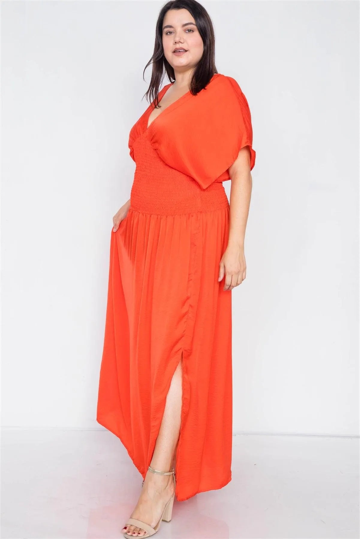 Junior Plus Size Coral V-Neck Satin Kimono Sleeve Maxi Dress /2-2-2 - Tasha Apparel Wholesale