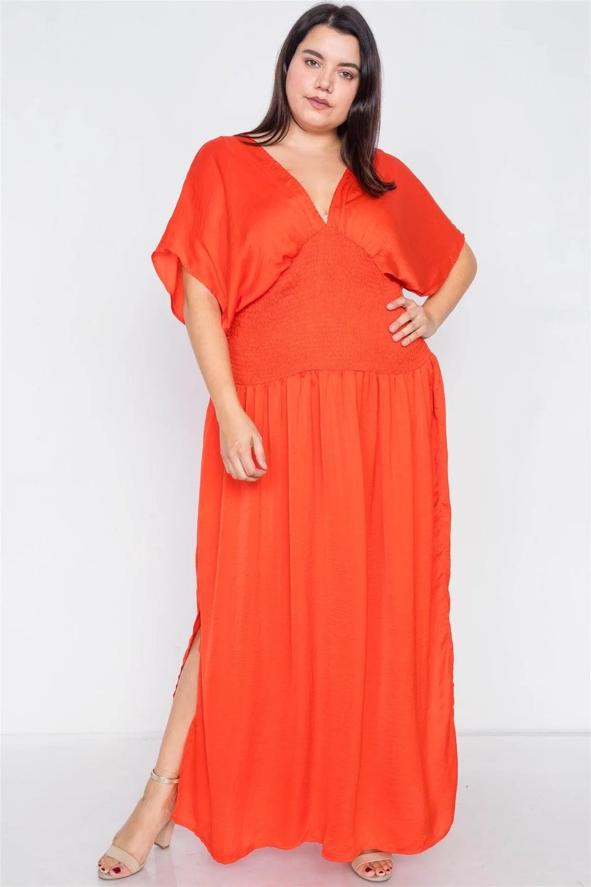 Junior Plus Size Coral V-Neck Satin Kimono Sleeve Maxi Dress /2-2-2 - Tasha Apparel Wholesale