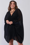 Junior Plus Black Poncho V-Neck Gathered Front Long Sleeve With Elasticated Cuff Mini Dress /2-2-2 - Tasha Apparel Wholesale