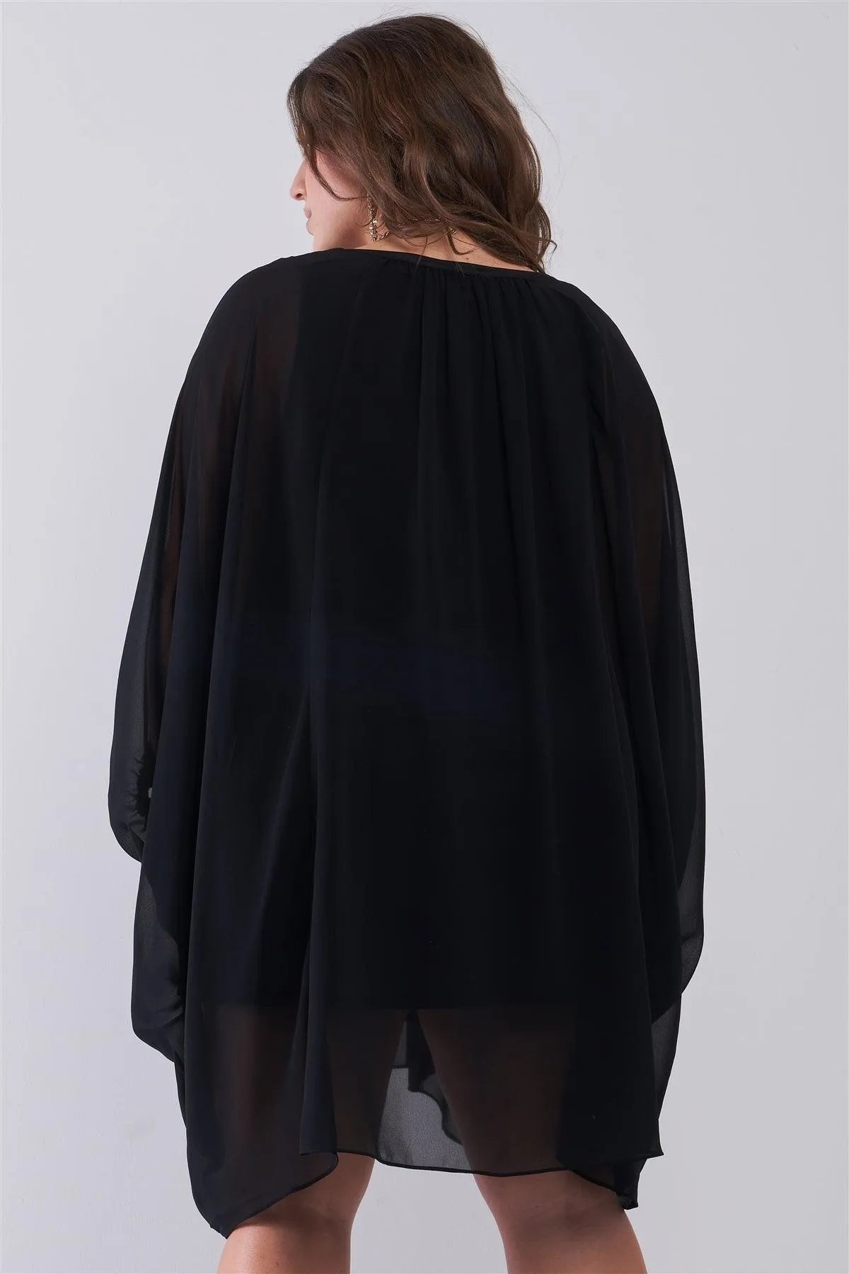 Junior Plus Black Poncho V-Neck Gathered Front Long Sleeve With Elasticated Cuff Mini Dress /2-2-2 - Tasha Apparel Wholesale