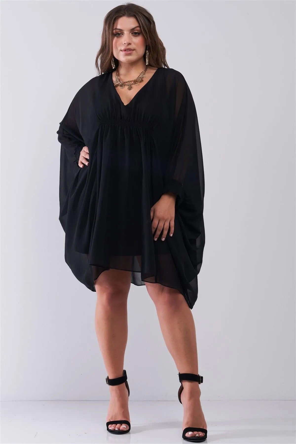 Junior Plus Black Poncho V-Neck Gathered Front Long Sleeve With Elasticated Cuff Mini Dress /2-2-2 - Tasha Apparel Wholesale