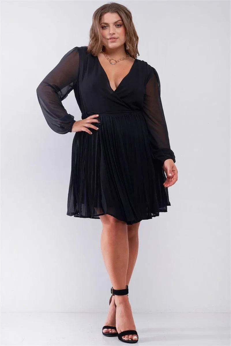 Junior Plus Black Wrap Deep V-Neck Long Puff Sleeve With Elasticated Cuff Pleated Midi Dress /2-2-2 - Tasha Apparel Wholesale