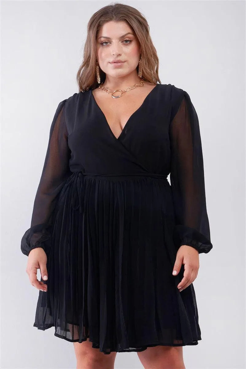 Junior Plus Black Wrap Deep V-Neck Long Puff Sleeve With Elasticated Cuff Pleated Midi Dress /2-2-2 - Tasha Apparel Wholesale