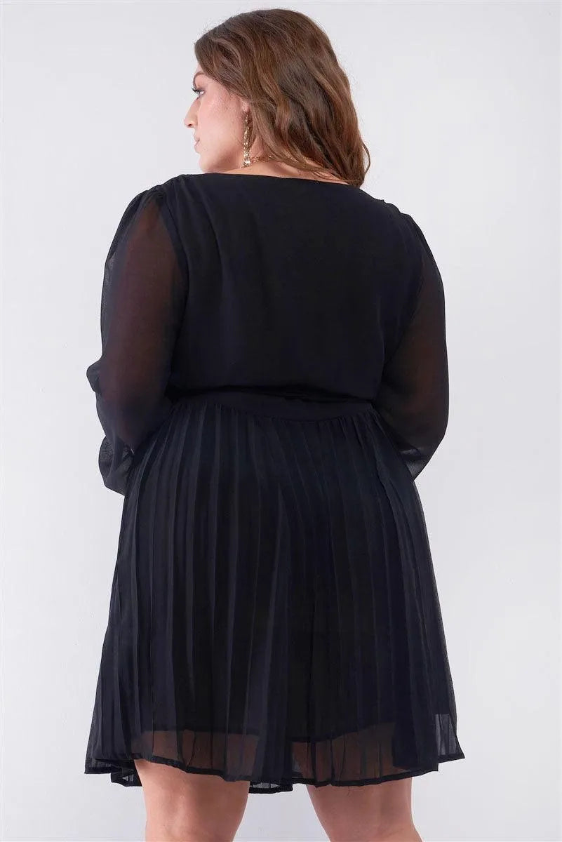 Junior Plus Black Wrap Deep V-Neck Long Puff Sleeve With Elasticated Cuff Pleated Midi Dress /2-2-2 - Tasha Apparel Wholesale