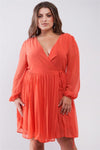 Junior Plus Coral Wrap Deep V-Neck Long Puff Sleeve With Elasticated Cuff Pleated Midi Dress /2-2-2