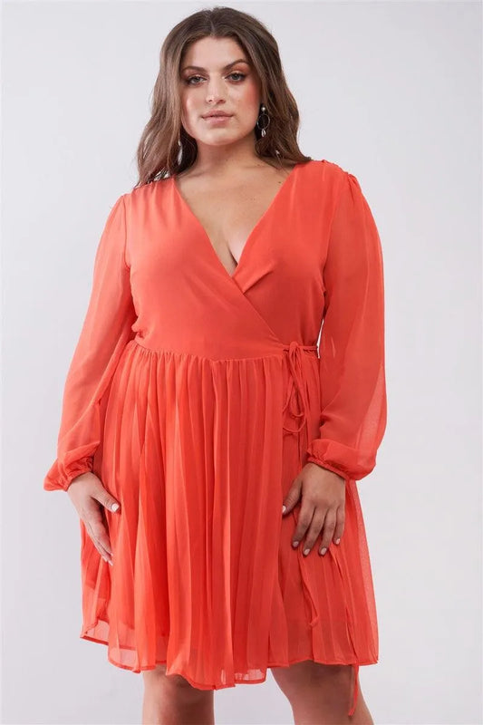 Junior Plus Coral Wrap Deep V-Neck Long Puff Sleeve With Elasticated Cuff Pleated Midi Dress /2-2-2 - Tasha Apparel Wholesale