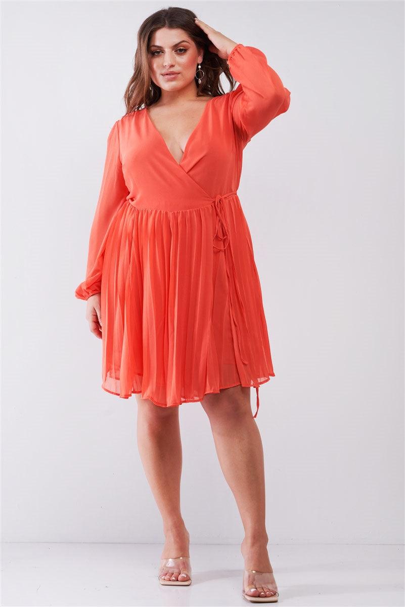 Junior Plus Coral Wrap Deep V-Neck Long Puff Sleeve With Elasticated Cuff Pleated Midi Dress /2-2-2