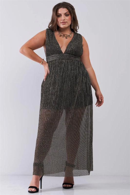Junior Plus Black & Gold V-Neck Sleeveless Pleated Fabric Maxi Dress /2-2-2 - Tasha Apparel Wholesale