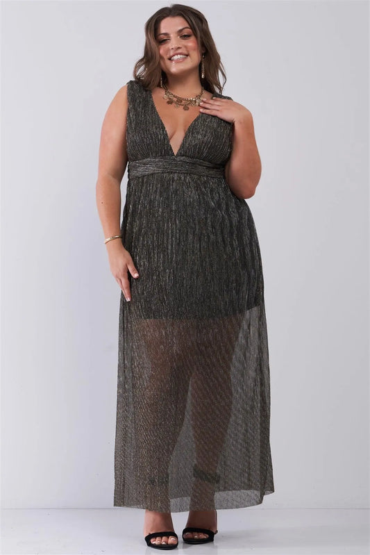 Junior Plus Black & Gold V-Neck Sleeveless Pleated Fabric Maxi Dress /2-1-3 - Tasha Apparel Wholesale