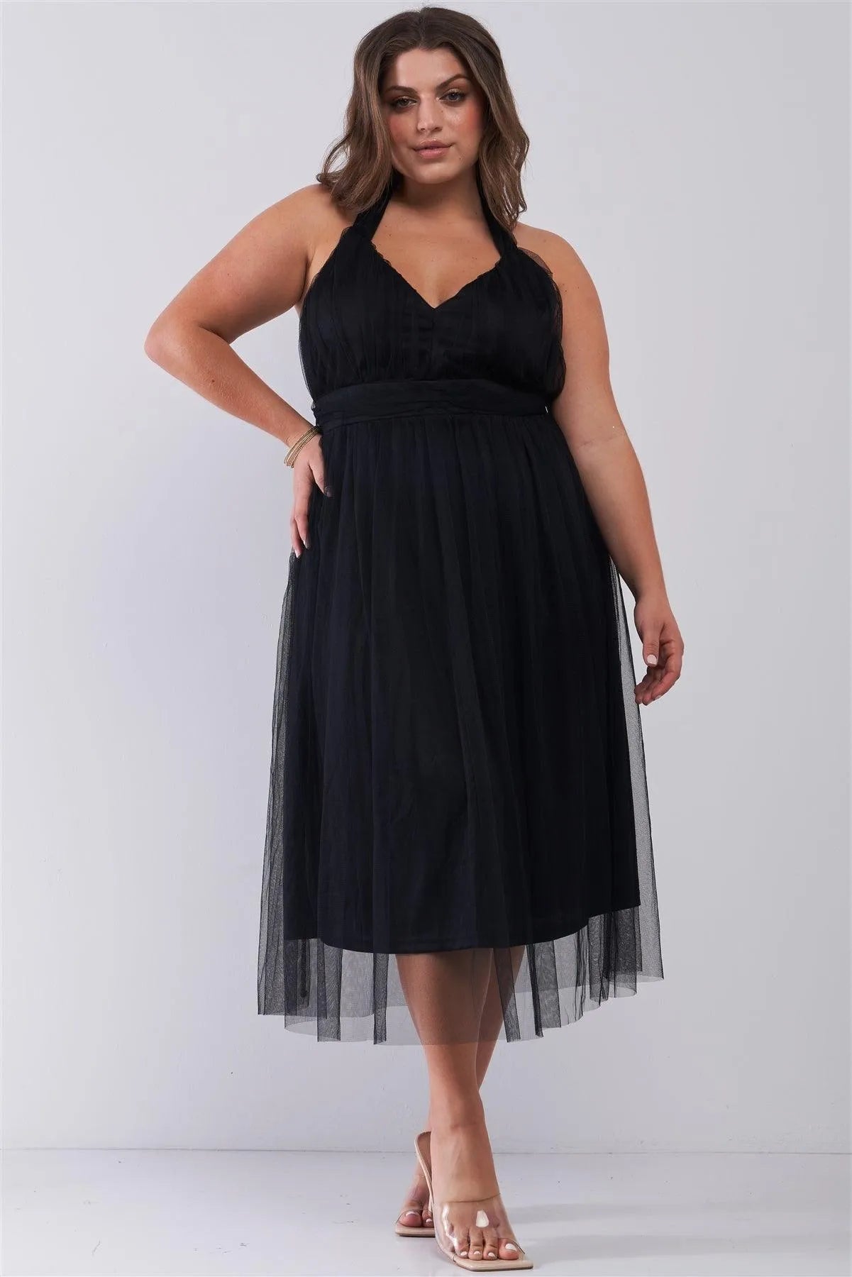 Junior Plus Black Halter Neck Sleeveless Mesh High-Waisted Midi Dress /2-2-2 - Tasha Apparel Wholesale