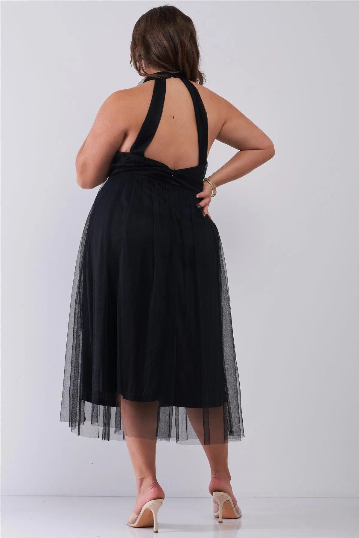 Junior Plus Black Halter Neck Sleeveless Mesh High-Waisted Midi Dress /2-2-2 - Tasha Apparel Wholesale