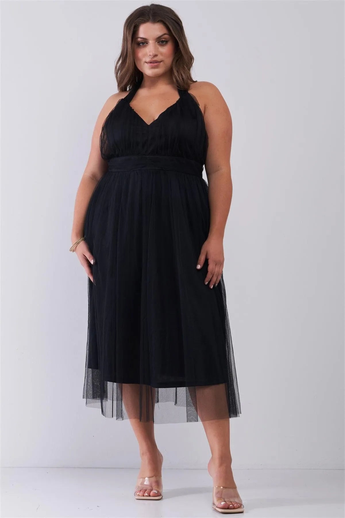 Junior Plus Black Halter Neck Sleeveless Mesh High-Waisted Midi Dress /2-2-2 - Tasha Apparel Wholesale