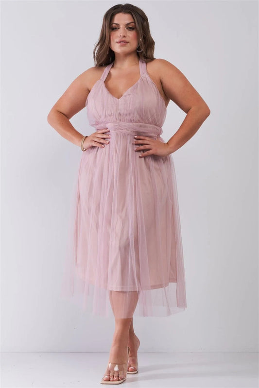 Junior Plus Mauve Halter Neck Sleeveless Mesh High-Waisted Midi Dress /2-2-2 - Tasha Apparel Wholesale