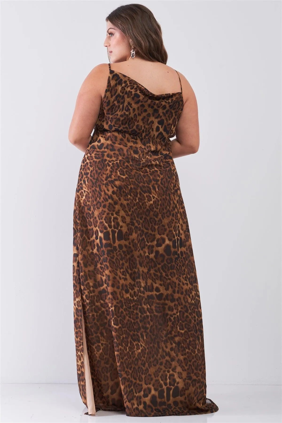 Can't Tame Me Junior Plus Size Sexy Brown Leopard Print Sheer Mesh Sleeveless Cowl Neck Side Slit Detail Maxi Dress /3-1-1 - Tasha Apparel Wholesale