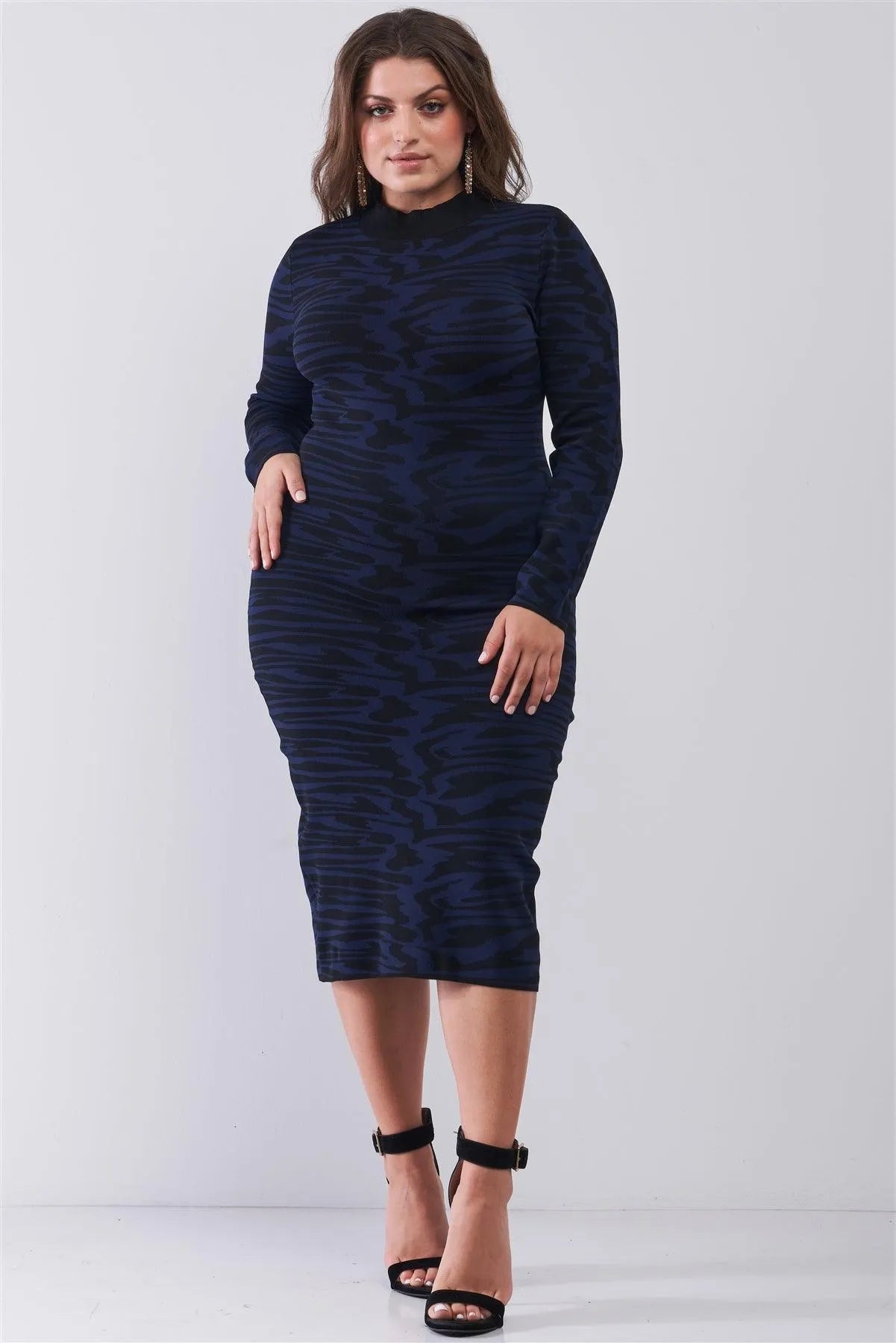 Junior Plus Black & Royal Zebra Print Turtle Neck Long Sleeve Fitted Mini Dress /2-2-2 - Tasha Apparel Wholesale