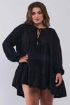 Junior Plus Size Black Balloon Sleeve Self-Tie & Button Front Detail Relaxed Flared Mini Dress /2-2-2 - Tasha Apparel Wholesale