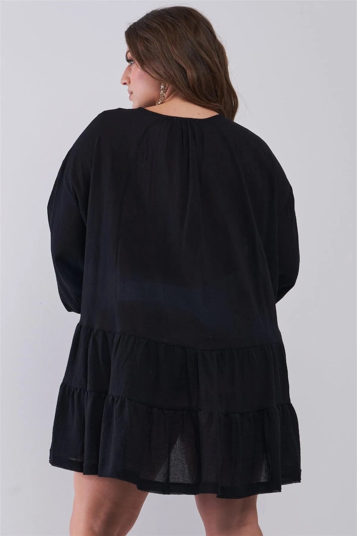 Junior Plus Size Black Balloon Sleeve Self-Tie & Button Front Detail Relaxed Flared Mini Dress /2-2-2 - Tasha Apparel Wholesale