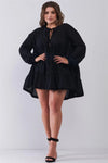 Junior Plus Size Black Balloon Sleeve Self-Tie & Button Front Detail Relaxed Flared Mini Dress /1-3-2 - Tasha Apparel Wholesale