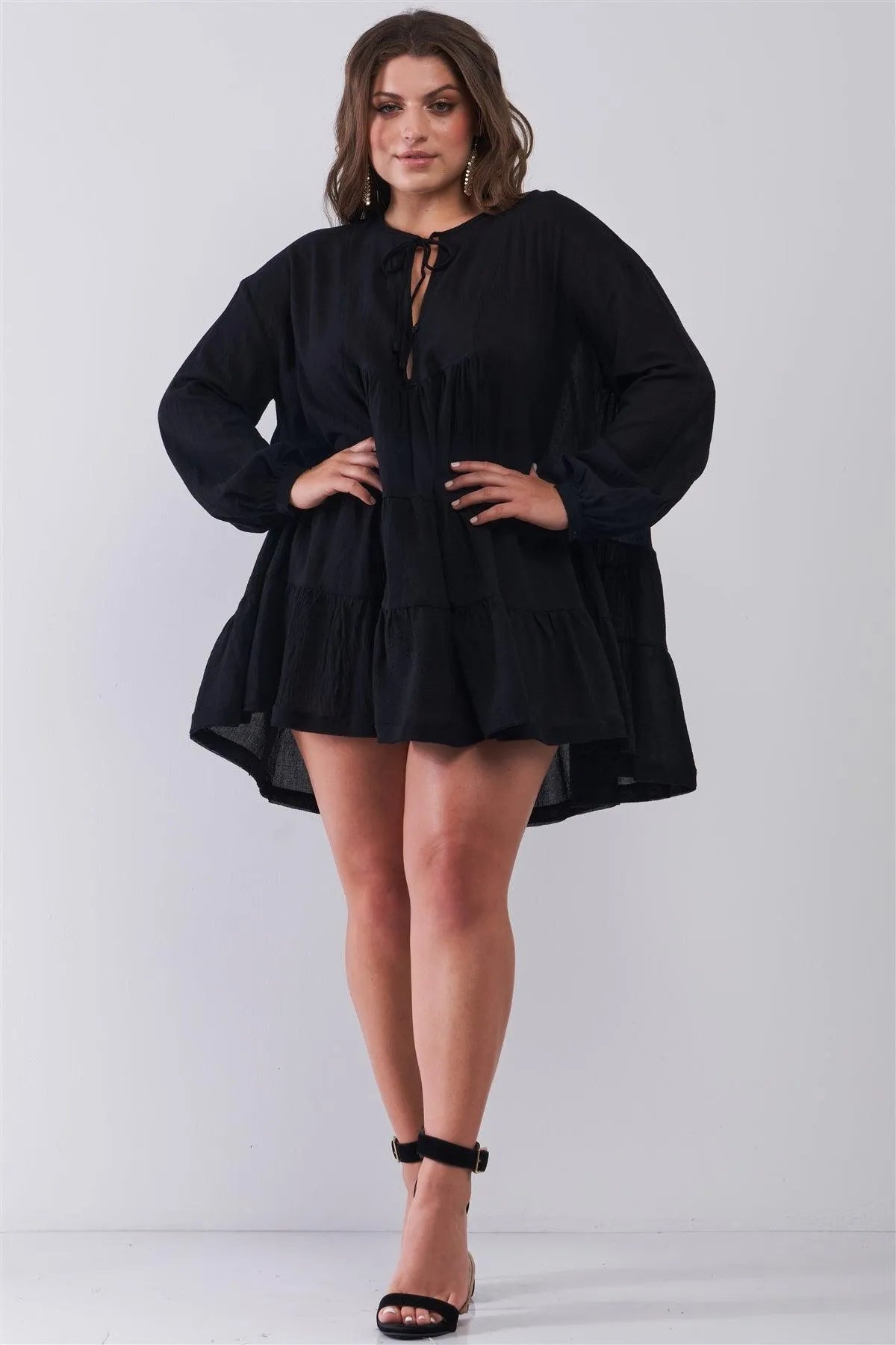 Junior Plus Size Black Balloon Sleeve Self-Tie & Button Front Detail Relaxed Flared Mini Dress /1-3-2 - Tasha Apparel Wholesale