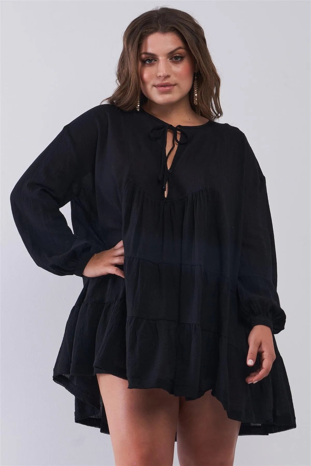 Junior Plus Size Black Balloon Sleeve Self-Tie & Button Front Detail Relaxed Flared Mini Dress /1-3-2 - Tasha Apparel Wholesale