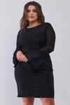 Junior Plus Size Classy Black Round Neck Flared Sheer Mesh Sleeve Detail Structured Tight Mini Dress /1-3-2 - Tasha Apparel Wholesale