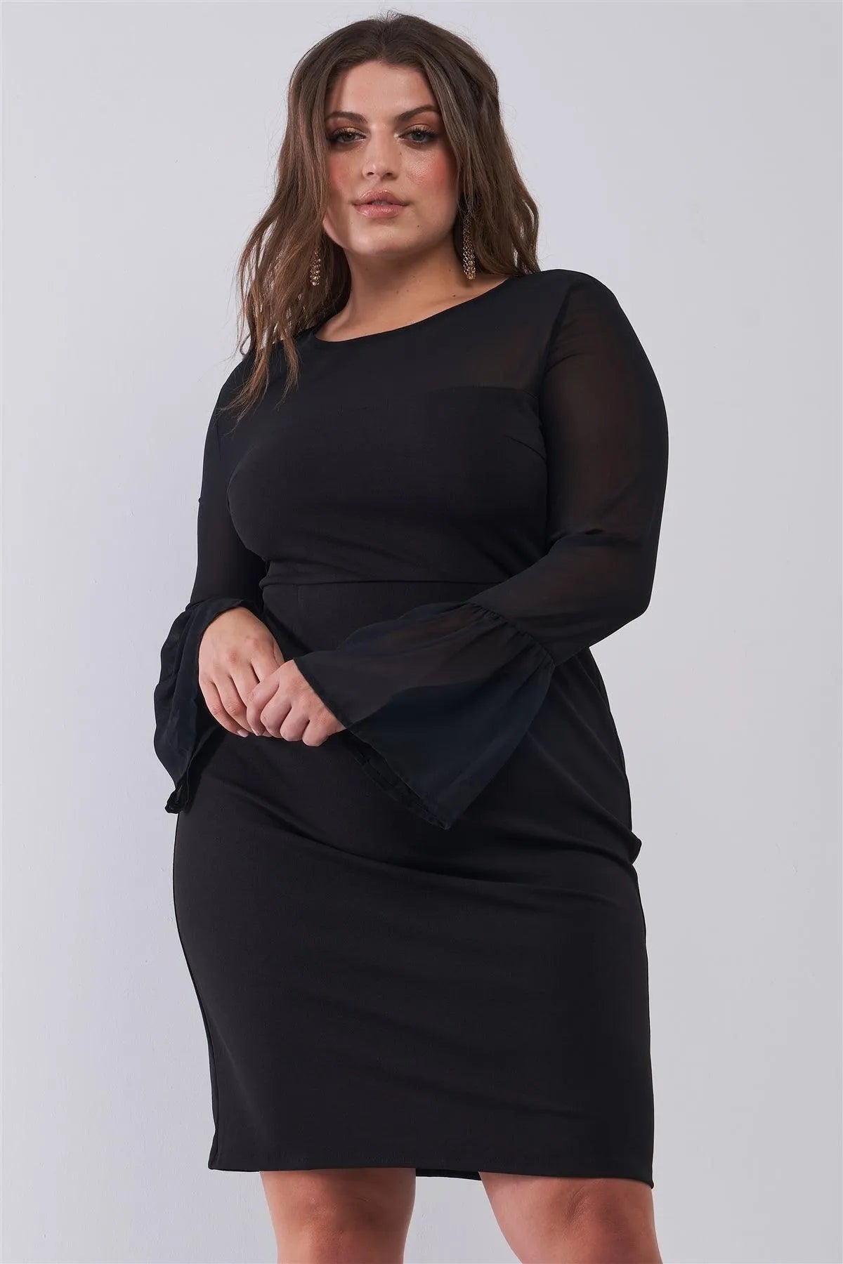 Junior Plus Size Classy Black Round Neck Flared Sheer Mesh Sleeve Detail Structured Tight Mini Dress /1-3-2 - Tasha Apparel Wholesale
