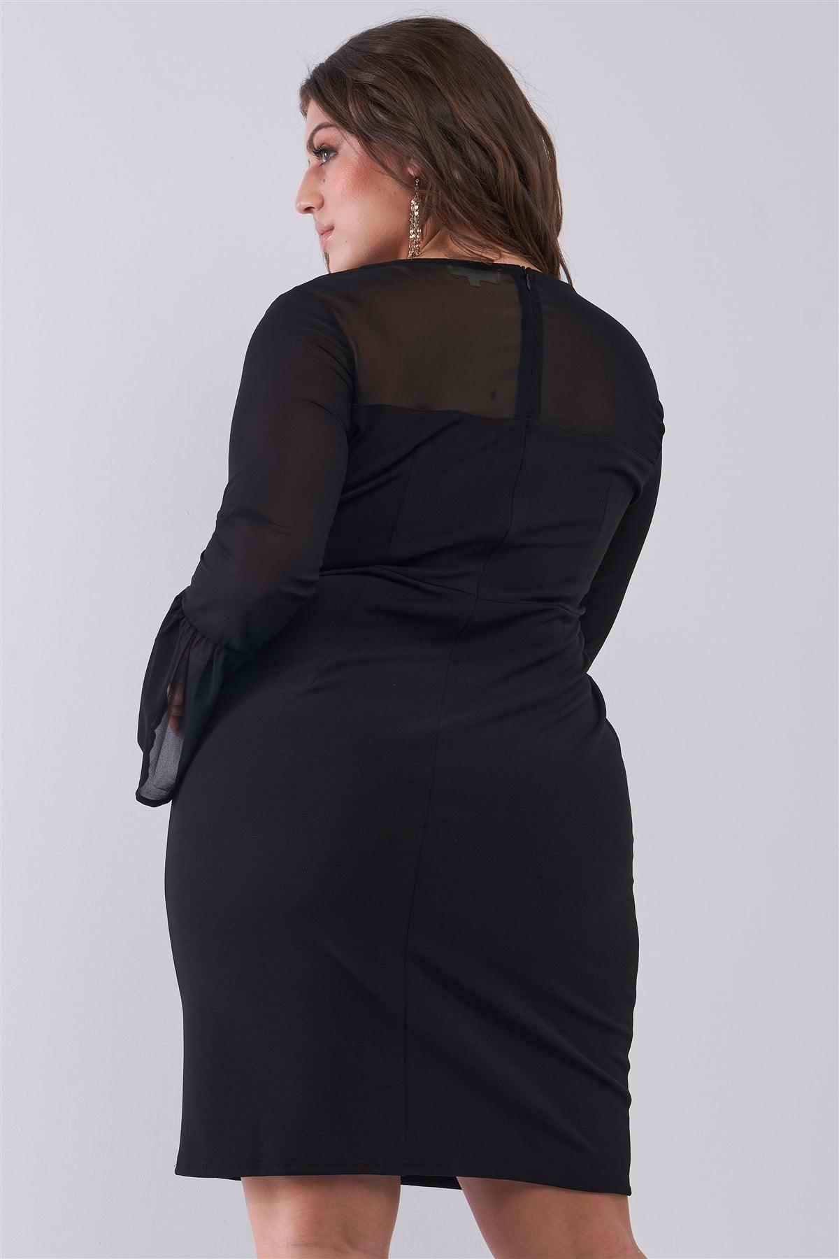 Junior Plus Size Classy Black Round Neck Flared Sheer Mesh Sleeve Detail Structured Tight Mini Dress /1-3-2