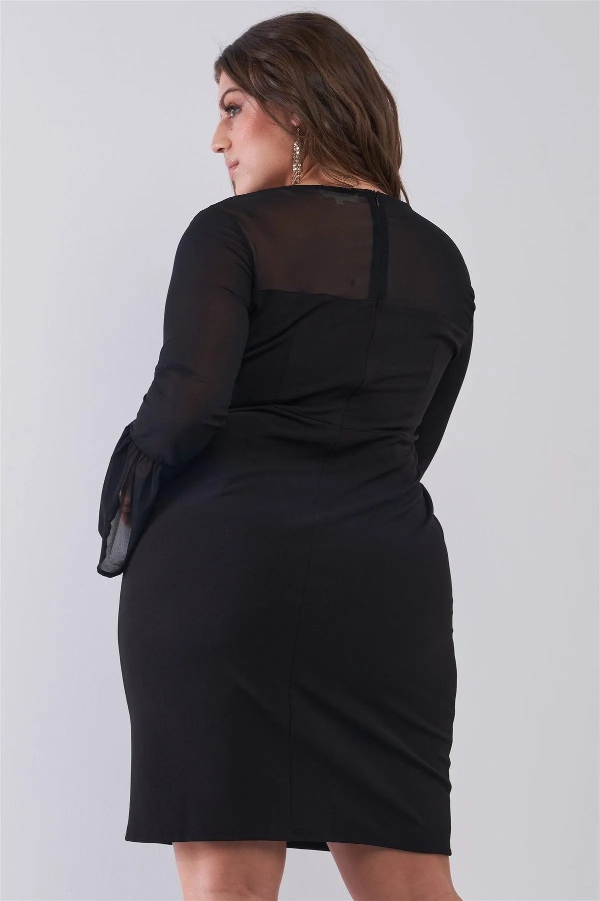 Junior Plus Size Classy Black Round Neck Flared Sheer Mesh Sleeve Detail Structured Tight Mini Dress /1-3-2 - Tasha Apparel Wholesale