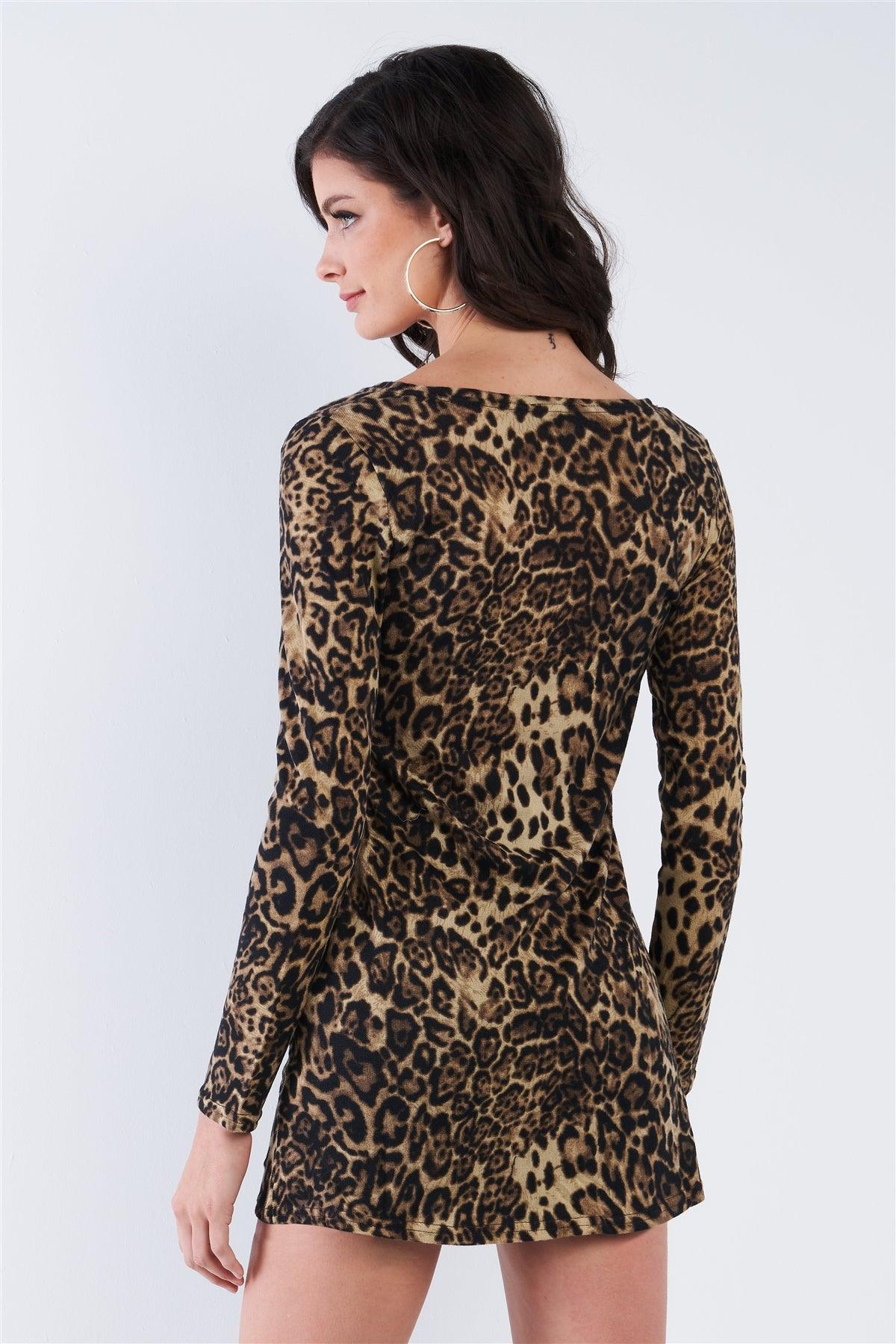 Leopard Print Long Sleeve Button Down Mini Dress Top /2-2-2