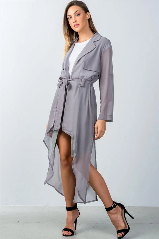 Grey Longline High-Slit Sheer Cardigan / 2-2-2 - Tasha Apparel Wholesale