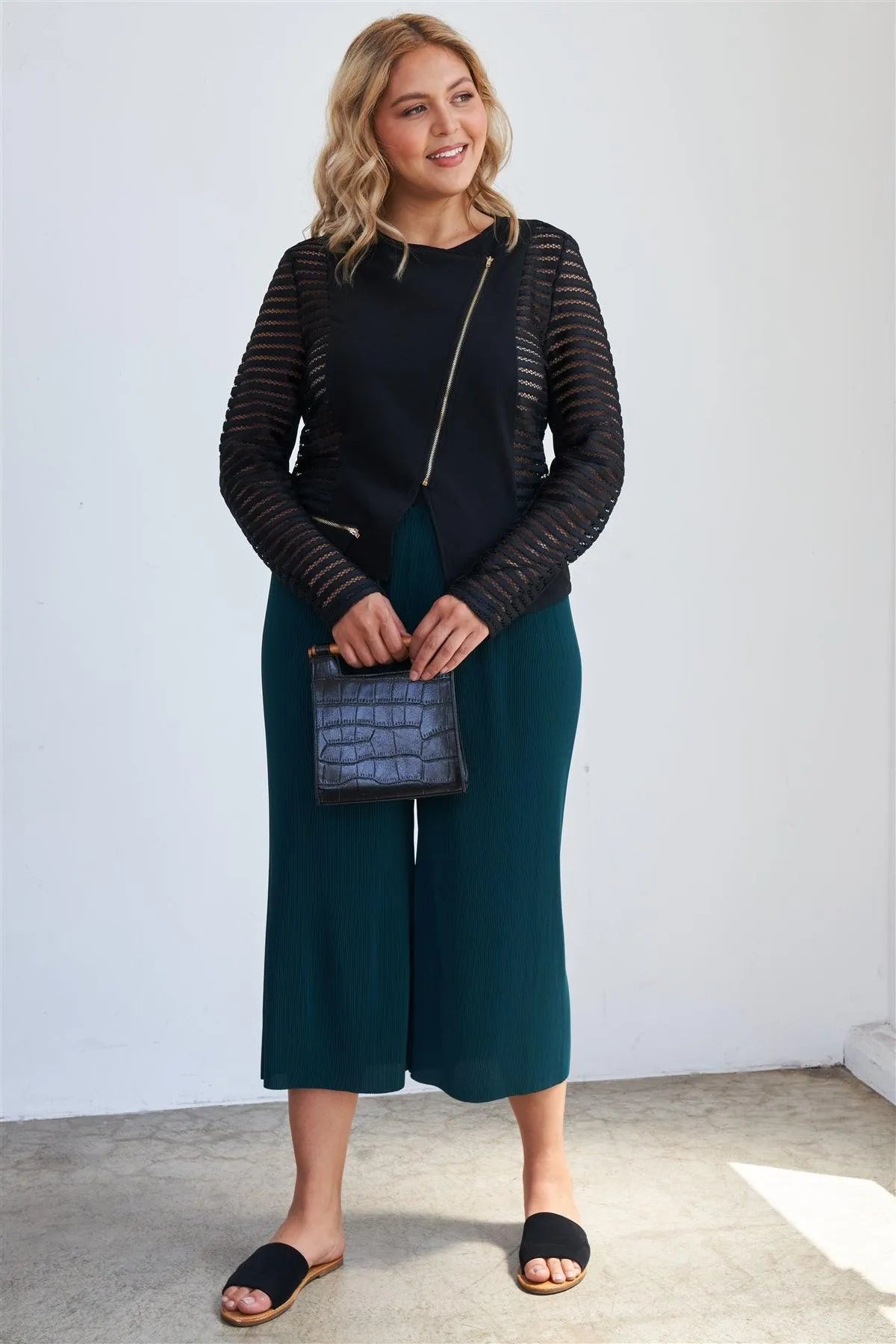 Junior Plus Size Black Mesh Stripped Chiffon Long Sleeve Jacket /2-2-2 - Tasha Apparel Wholesale