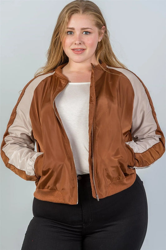 Junior Plus Size Camel Color Block Stand Collar Zipper Long Sleeve Bomber Jacket /2-2-2 - Tasha Apparel Wholesale