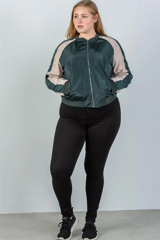 Junior Plus Size H. Green Color Block Stand Collar Zipper Long Sleeve Bomber Jacket /2-2-2 - Tasha Apparel Wholesale