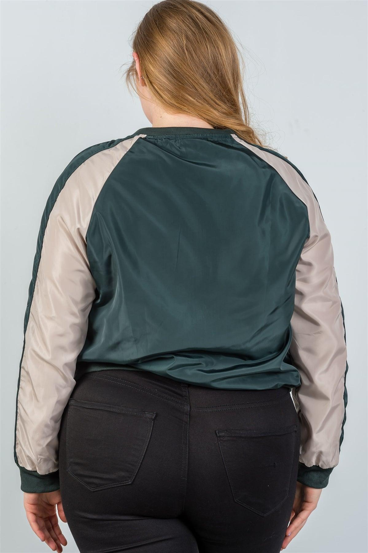 Junior Plus Size H. Green  Color Block Stand Collar Zipper Long Sleeve Bomber Jacket /2-2-2
