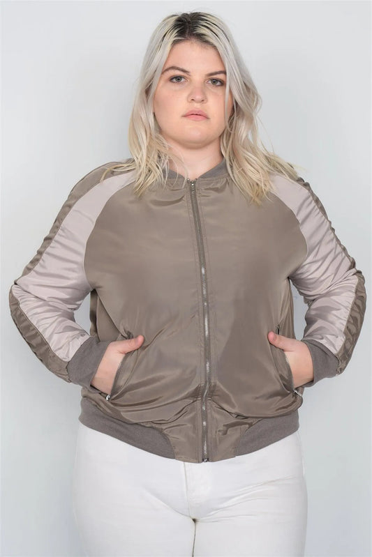 Junior Plus Size Khaki Color Block Stand Collar Zipper Long Sleeve Bomber Jacket /2-2-2 - Tasha Apparel Wholesale