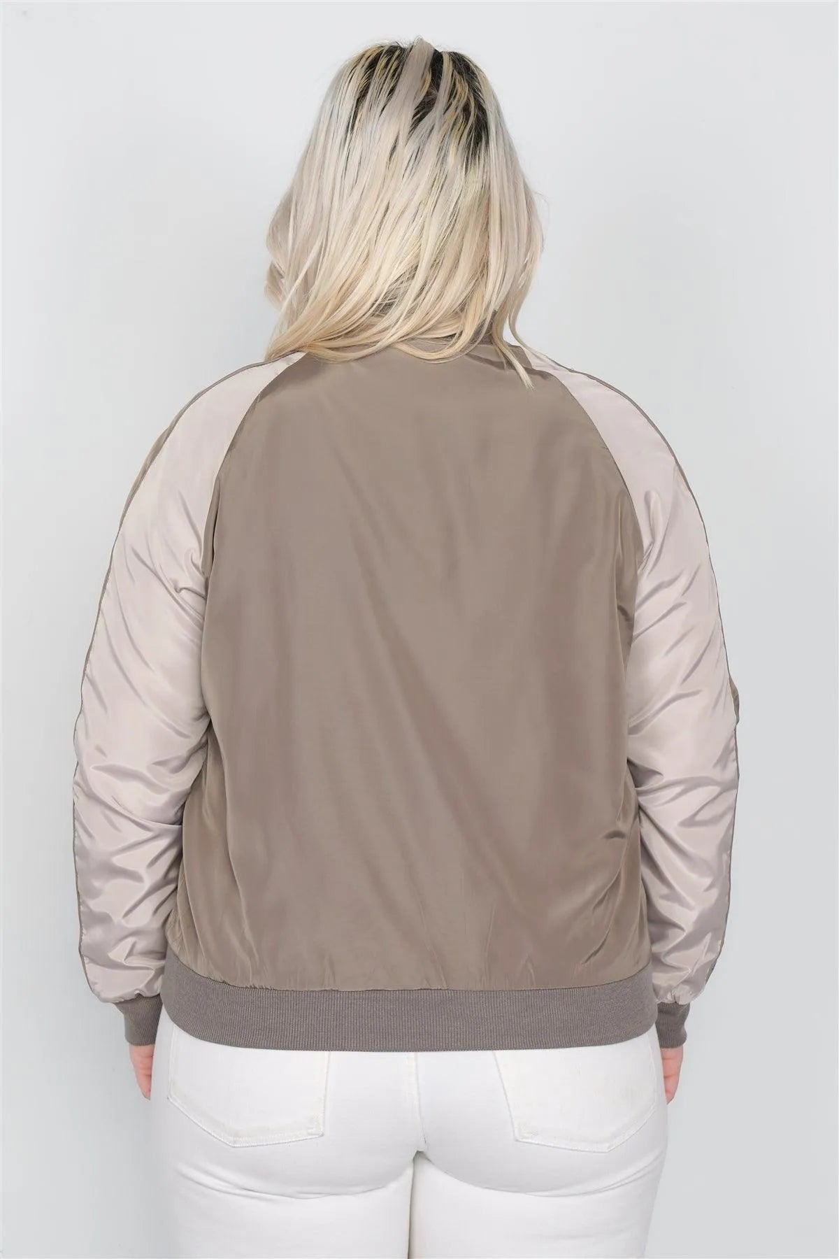 Junior Plus Size Khaki Color Block Stand Collar Zipper Long Sleeve Bomber Jacket /2-2-2 - Tasha Apparel Wholesale