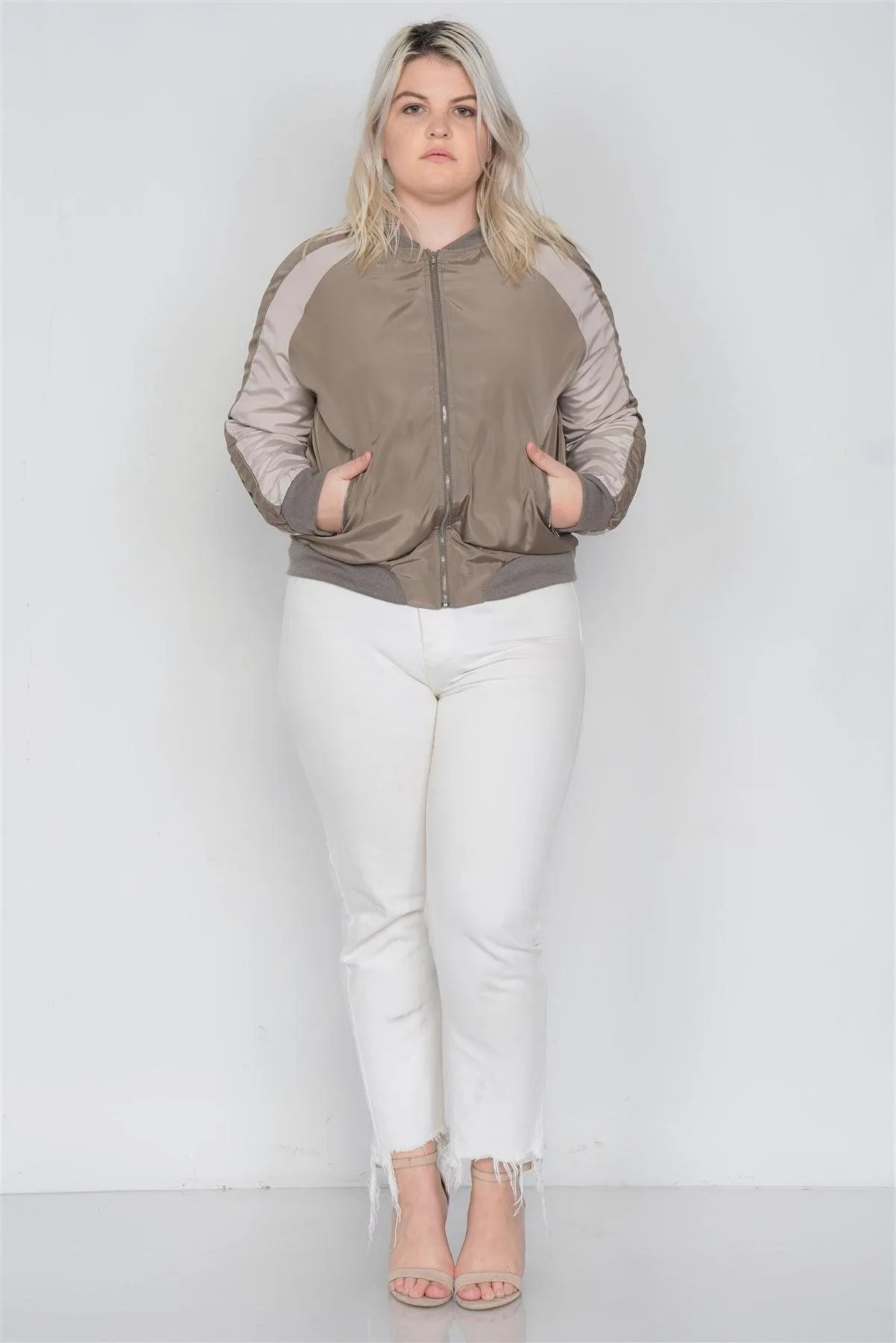 Junior Plus Size Khaki Color Block Stand Collar Zipper Long Sleeve Bomber Jacket /2-2-2 - Tasha Apparel Wholesale