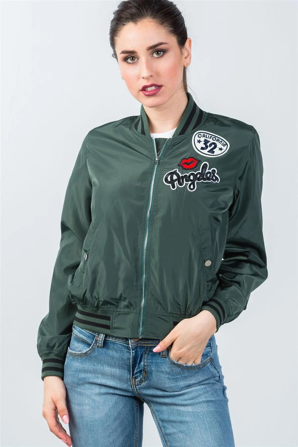 Dark Green Patch Bomber Jacket / 2-2-2 - Tasha Apparel Wholesale