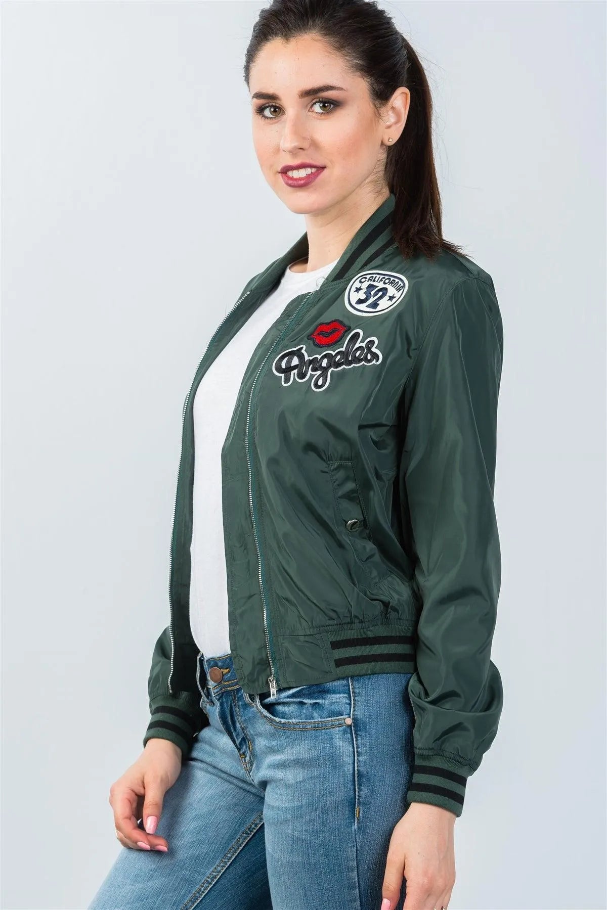 Dark Green Patch Bomber Jacket / 2-2-2 - Tasha Apparel Wholesale