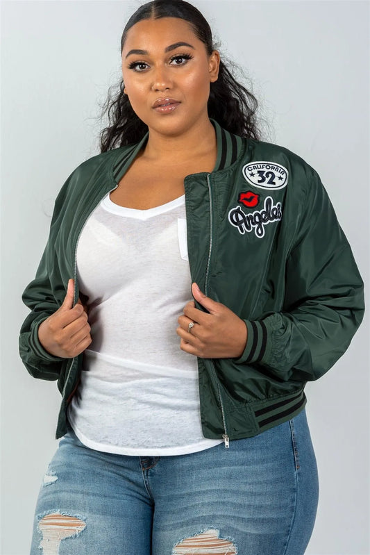 Plus Size Dark Green Patch Bomber Jacket / 2-2-2 - Tasha Apparel Wholesale