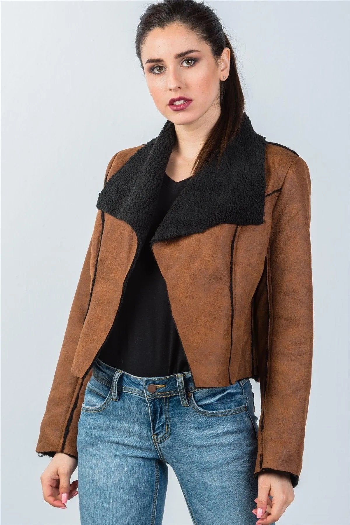 Cognac Relaxed Fit Faux Sheepskin Drape Neck Jacket /1-1 - Tasha Apparel Wholesale