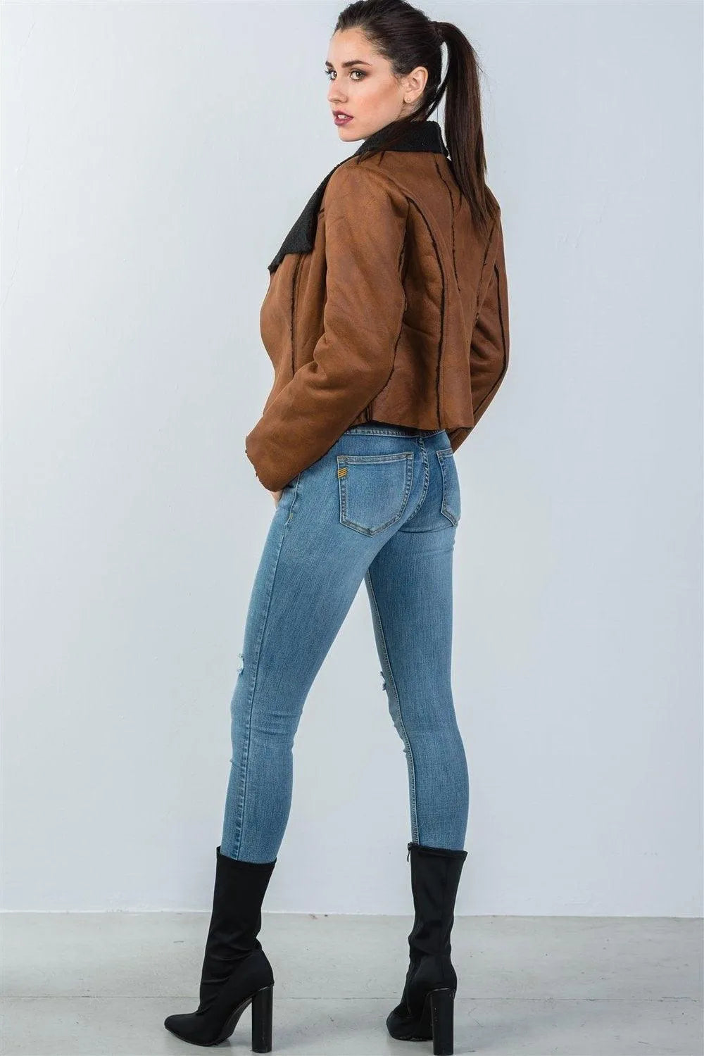 Cognac Relaxed Fit Faux Sheepskin Drape Neck Jacket /1-1 - Tasha Apparel Wholesale