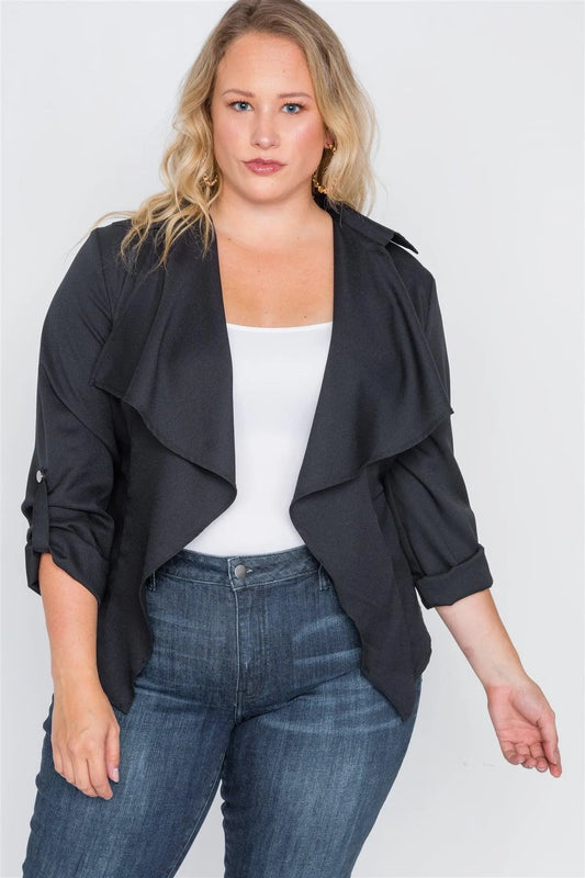 Plus Size Black Draped Open Front Light Jacket /2-2-2 - Tasha Apparel Wholesale