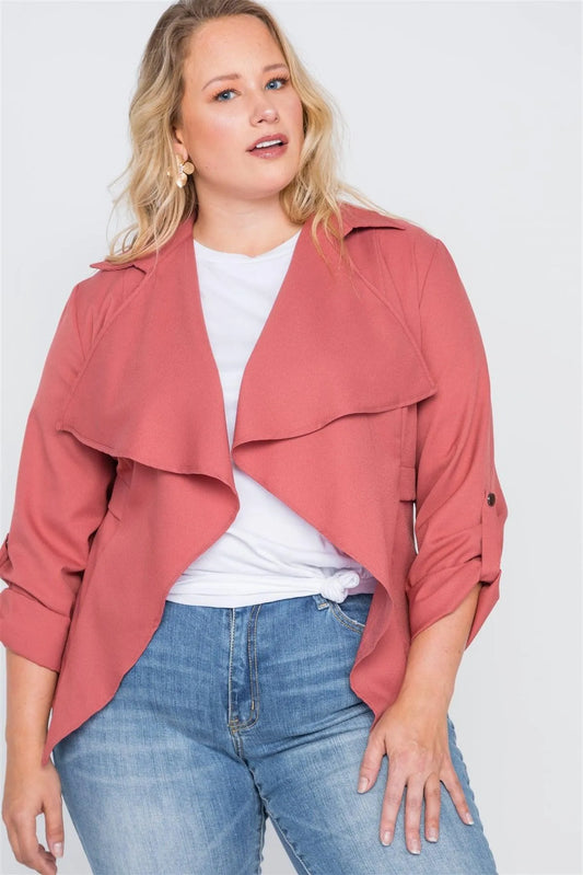 Plus Size Terra Cotta Draped Open Front Light Jacket /2-2-2 - Tasha Apparel Wholesale
