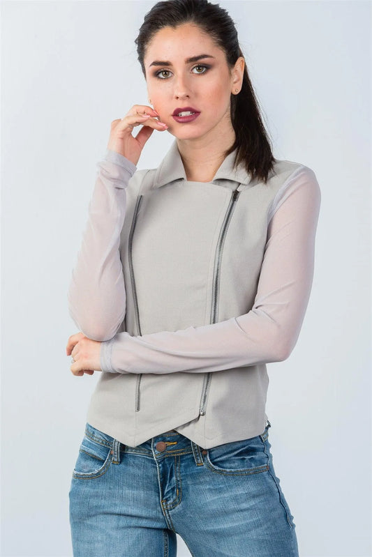 Grey Mesh Long Sleeve Double Zipper Front Jacket / 2-2-2 - Tasha Apparel Wholesale
