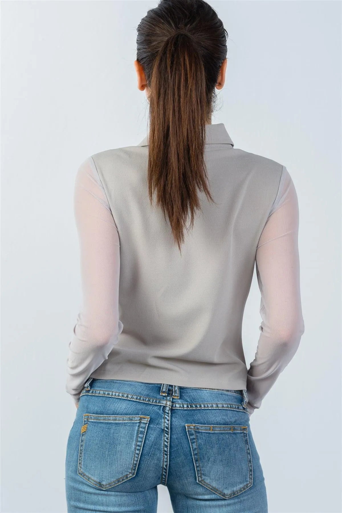 Grey Mesh Long Sleeve Double Zipper Front Jacket / 2-2-2 - Tasha Apparel Wholesale