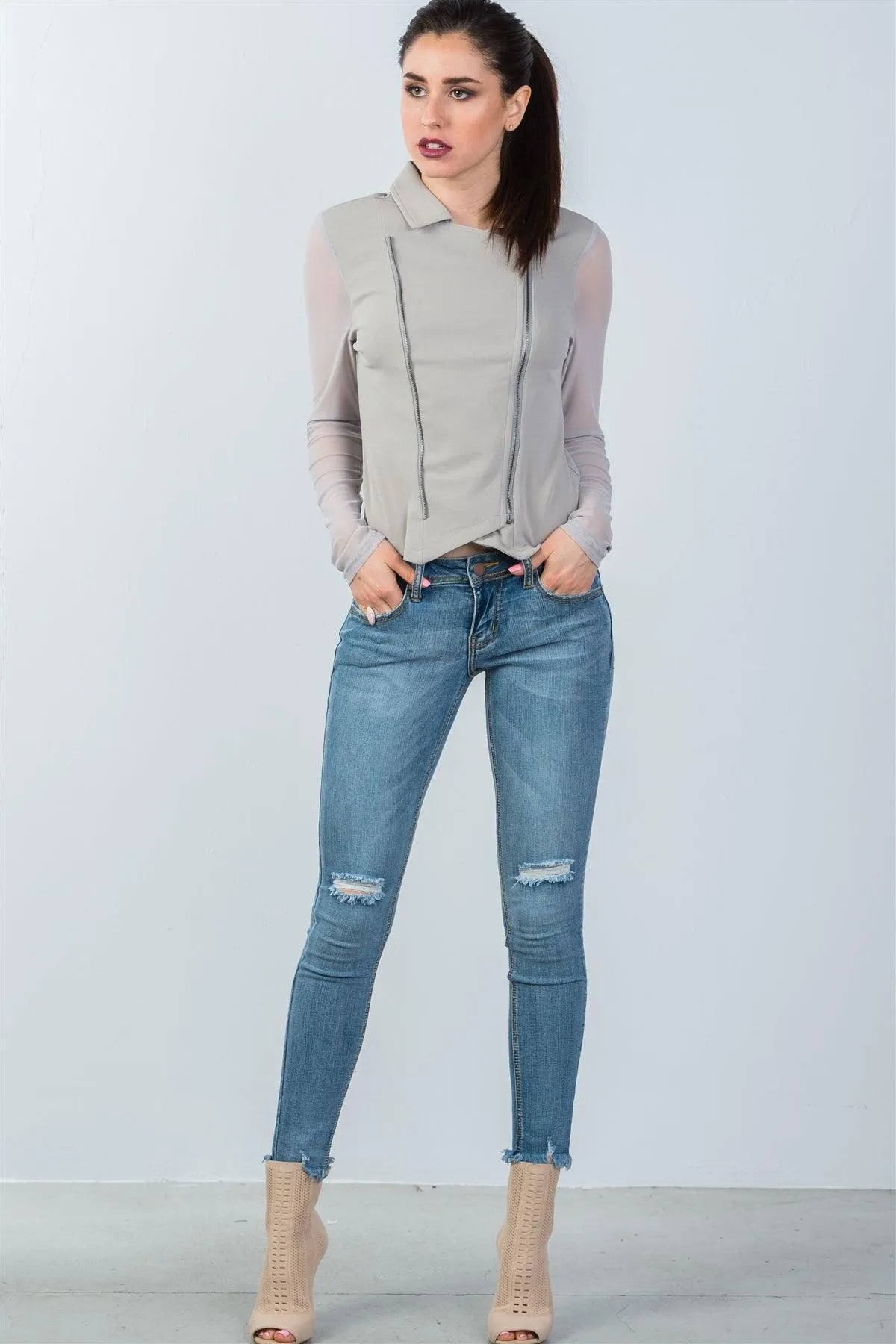 Grey Mesh Long Sleeve Double Zipper Front Jacket / 2-2-2 - Tasha Apparel Wholesale
