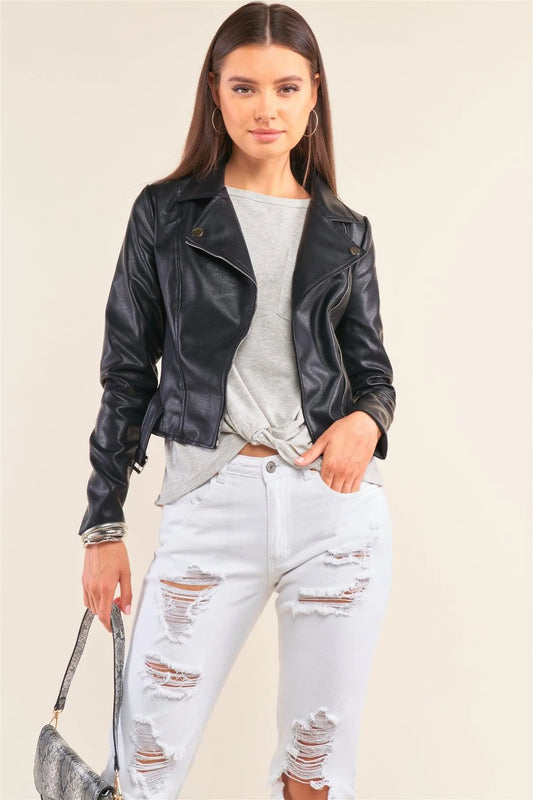 Black Oblique Zipper Cropped Vegan Leather Jacket /2-2-2 - Tasha Apparel Wholesale